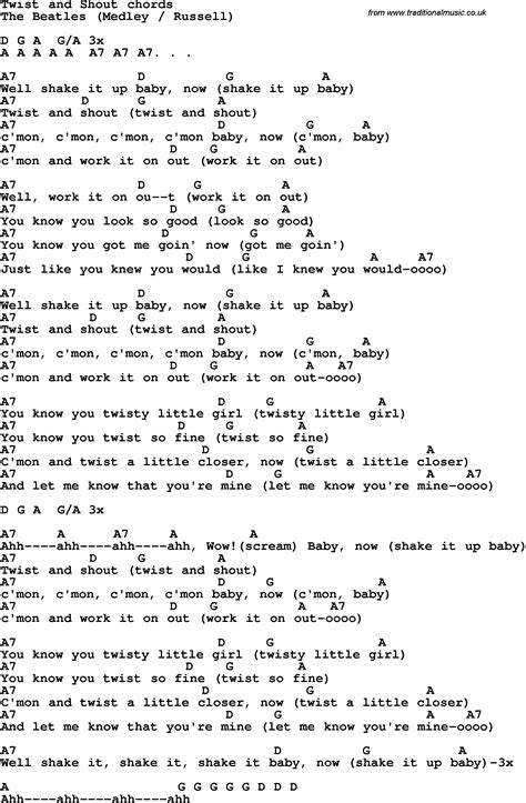 Song lyrics with guitar chords for Twist And Shout