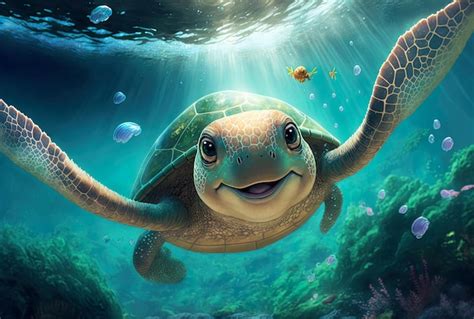 Premium Photo | 3D rendering cute turtle smiling under the sea