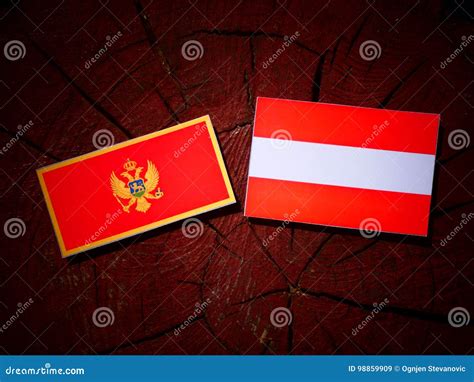 Montenegrin Flag with Austrian Flag on a Tree Stump Stock Image - Image of blank, friendship ...