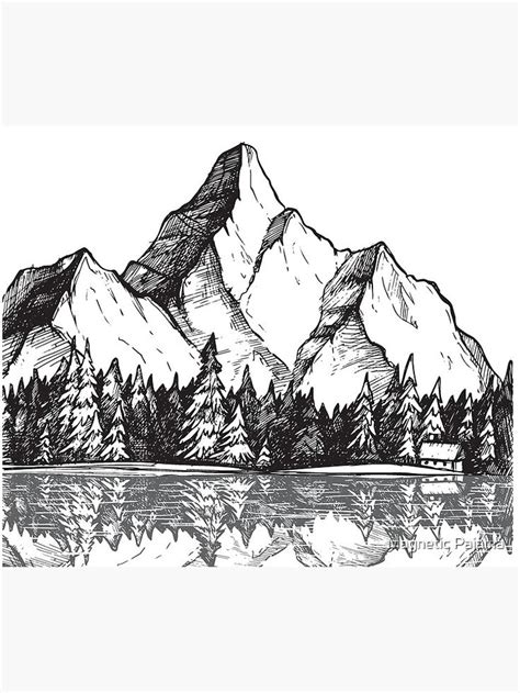 Scenic Mountain with Reflection in Lake Water // Snowy Mountains Mountain Range Drawing Tapestry ...