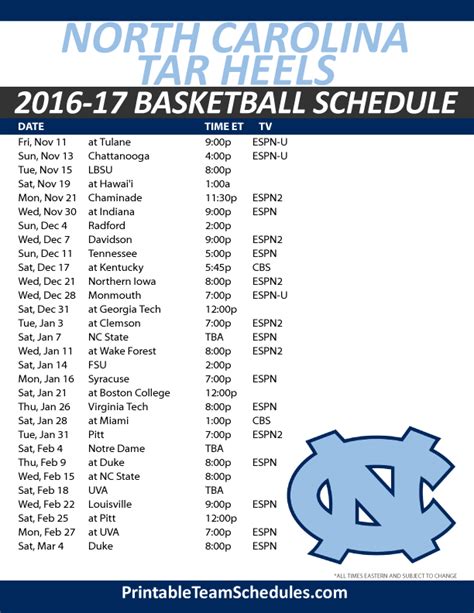 North Carolina Tar Heels Basketball Schedule 2016-17. Print Here - http ...