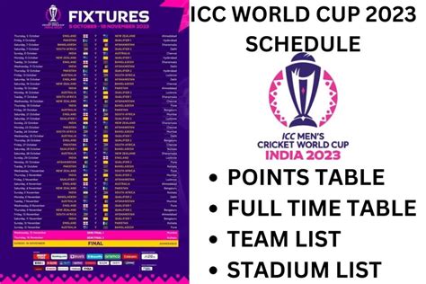 ICC World Cup 2023 Schedule, Fixtures, WC Time Table Stadium