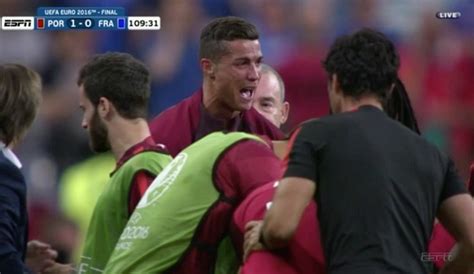 Cristiano Ronaldo cries after Portugal scores in Euro 2016 final