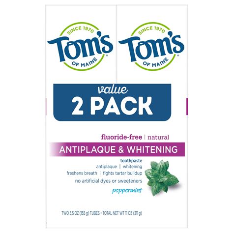 Tom's Antiplaque & Whitening Fluoride-Free Peppermint Toothpaste, 5.5oz ...