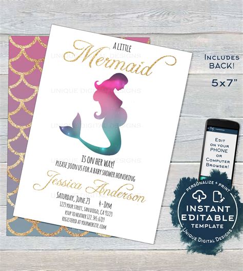 Mermaid Baby Shower Invitation, Editable Girl Mermaid Gold Baby Shower