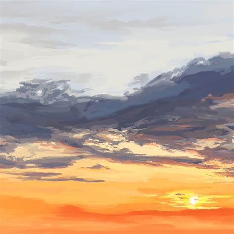 Orange Sunset Sky With Clouds Illustration, Giclee Art Print, Coastal ...