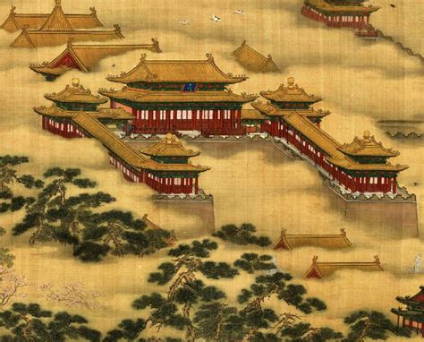 Beijing Forbidden City, Ming Dynasty (1368 - 1644), colour meticulous-style ink painting by Ming ...