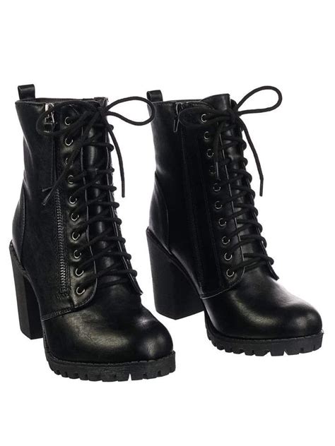 Malia Military Lace Up Combat Ankle Boot On Chunky Block Heel Lug Sole Bootie | Black lace up ...