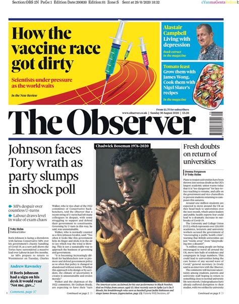 Observer Front Page 30th of August 2020 - Tomorrow's Papers Today!