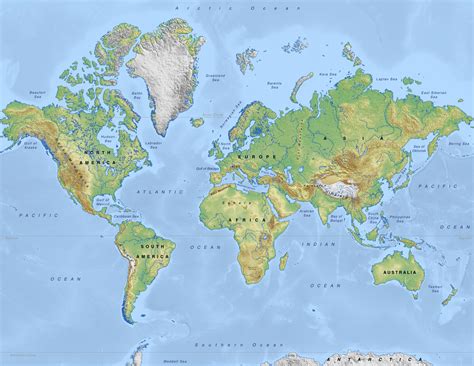 World map, Physical map, Blank world map