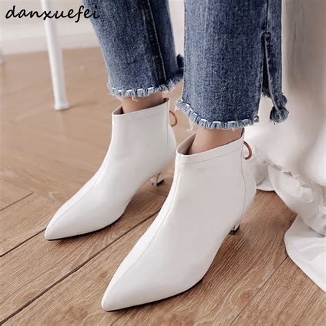 Women's kitten heel white ankle boots genuine leather low heel short booties pointed toe autumn ...