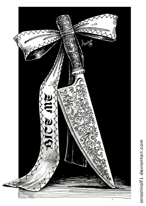 a drawing of a knife with a ribbon tied around it's neck and the words,