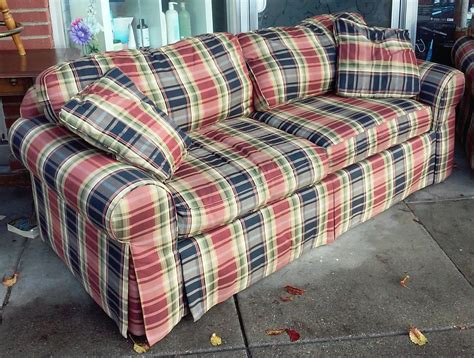 UHURU FURNITURE & COLLECTIBLES: SOLD **REDUCED** Highland House Designer Plaid Sofa - $90