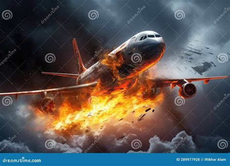 Airplane in the Sky with Smoke and Fire. 3d Rendering, Airplane with Engine on Fire, Concept of ...