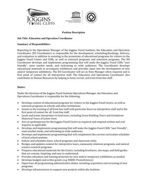 Position Description Job Title: Education and Operation Coordinator ...