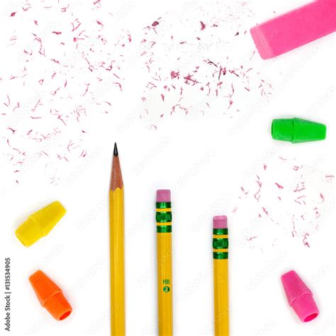 Number two pencils, erasers, pencil top erasers and eraser bits Stock-Foto | Adobe Stock