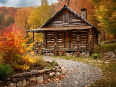 Premium Photo | A log cabin in the fall with the leaves changing color.