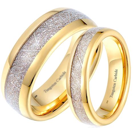 His and Hers Matching Gold Tone Tungsten Wedding Couple Rings Set - Meteorite Inlay