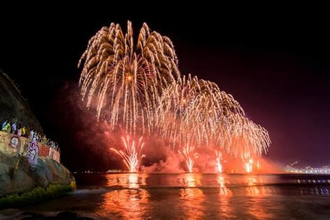 Beautiful Fireworks in Copacabana Beach, Rio de Janeiro, Brazil royalty ...