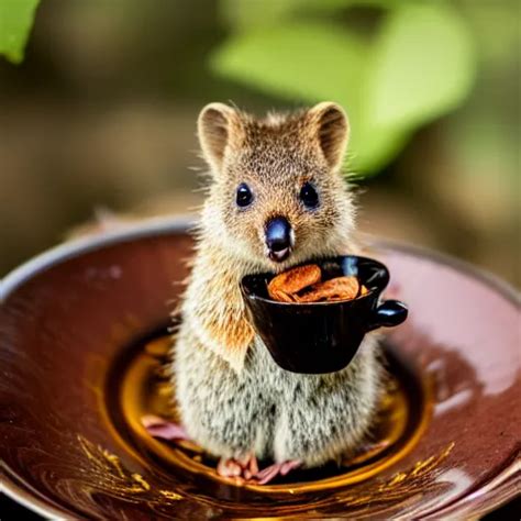 baby quokka in a teacup eating a leaf, photography, | Stable Diffusion