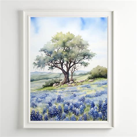 Texas Painting Watercolor Print Texas Blubonnet Landscape Art Nature ...