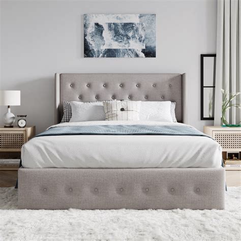 Upholstered Stoage Bed Frame with Lift Up Storage, Wingback Headboard