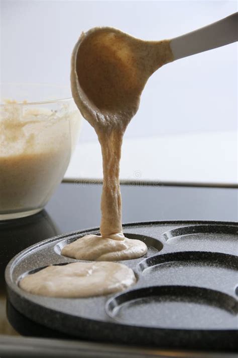 Making of Pancakes on Pan. Female Hand Pour Batter, Processing Stock ...