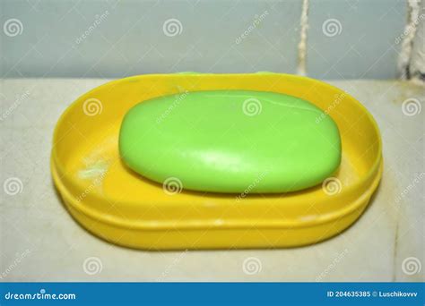 Green Bar of Soap in the Soap Dish in the Bathroom Stock Image - Image of background, folded ...