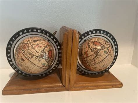 Vintage Globe Wood Bookends Old World Map Rotating Spinning made in Japan 5x5" | #4629213553