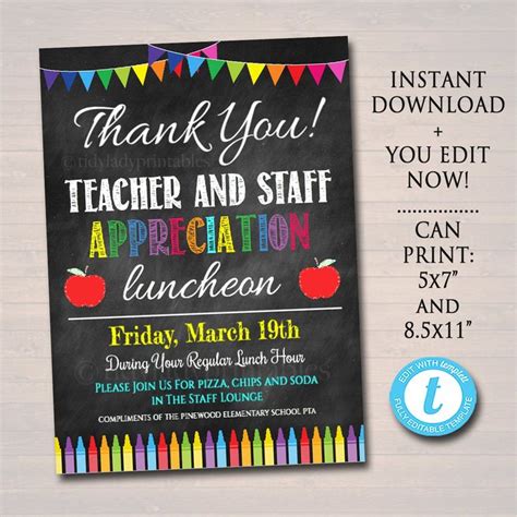 Teacher & Staff Appreciation Week Printable Luncheon Invitation | Teacher appreciation luncheon ...