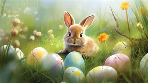 Premium AI Image | Easter bunny in sunny garden with decorated colorful eggs