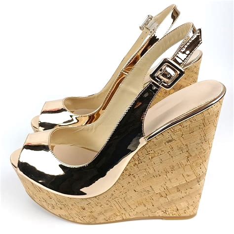 Sexy CORK PLATFORM WEDGES high heel metallic slingback sandals size UK1 ...