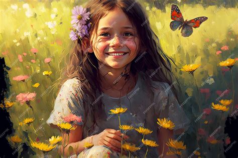 Premium Photo | Girl smiling on nature sitting in field of flowers with flower and butterfly