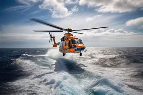 Search and Rescue Operation in Sea. Emergency Rescue Helicopter Flies ...