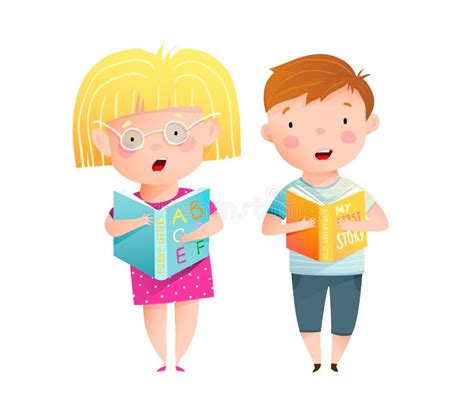 Cute Little Boy Wearing Big Glasses Reading Aloud Open Yellow Book. Education Cartoon for Kids ...