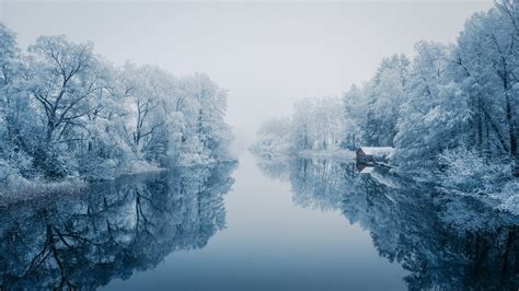 Download Winter Reflection Fog Nature River 4k Ultra HD Wallpaper