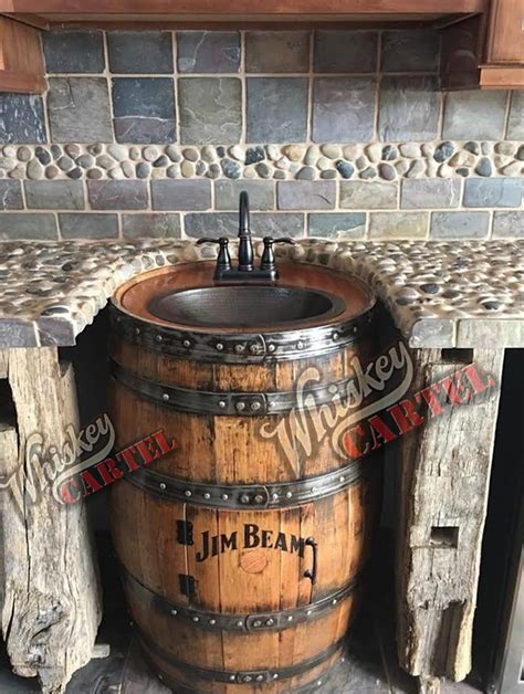 Whiskey barrel sink, hammered copper, rustic antique bathroom / bar / man cave vanity, wine, oak ...