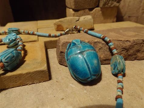 Egyptian jewelry scarab & Nile clay bead necklace a single scarab for ...