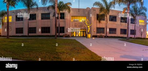 Ventura High School closed for the summer as dawn break behind main entrance on August 15, 2018 ...