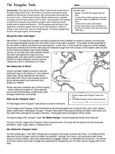 triangular-trade-worksheet with responses | Atlantic Slave Trade | Slavery