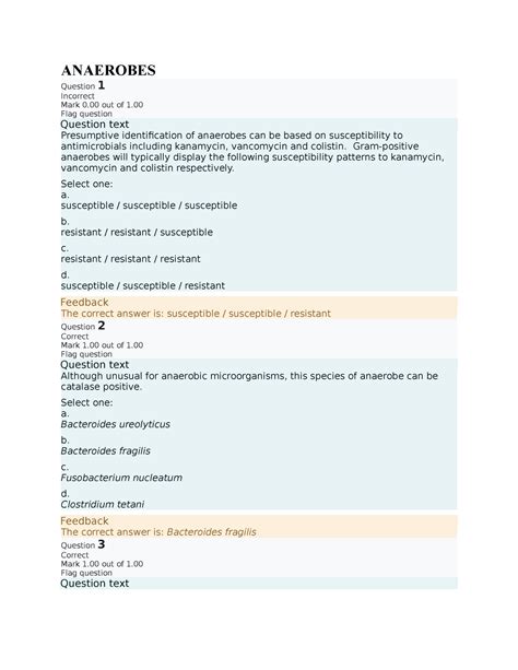 Clinical Anaerobes of the human body - ANAEROBES Question 1 Incorrect Mark 0 out of 1 Flag ...