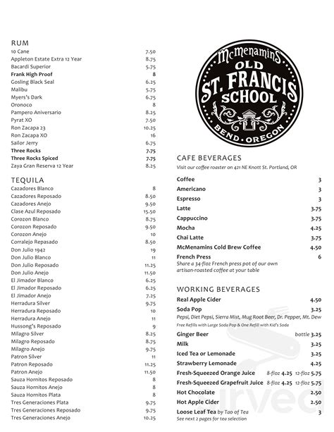 McMenamins Pub at Old St. Francis School menu in Bend, Oregon, USA