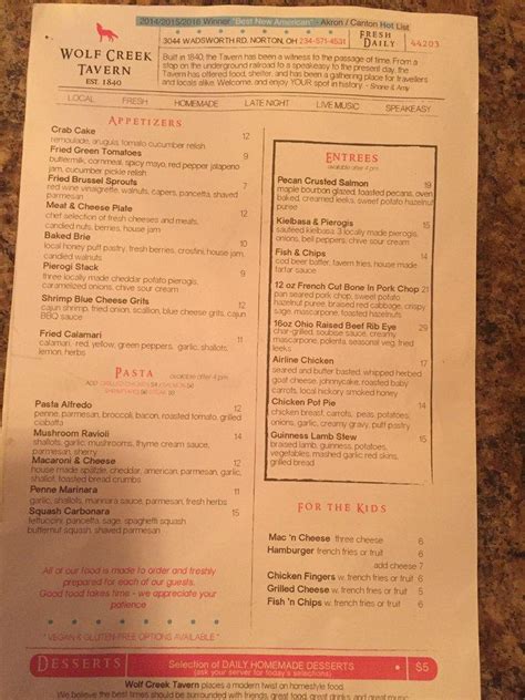 Menu at Wolf Creek Tavern restaurant, Norton