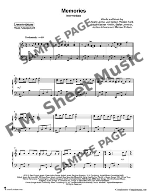 Memories (Intermediate Piano) By Maroon 5 - F.M. Sheet Music - Pop ...