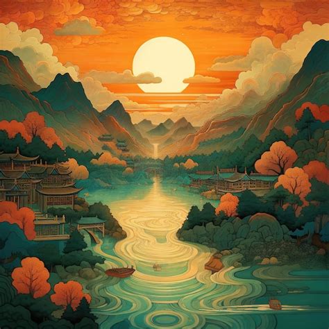 Premium AI Image | Asian landscape illustration