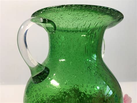 Vintage Art Glass Vase - Emerald Green Bubble Glass w/ Clear Handles & Base - Hand blown Glass ...