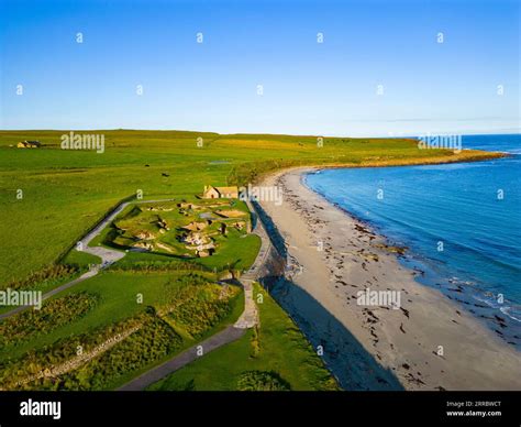 Aerial view of Skara Brae stone-built Neolithic settlement, located on ...