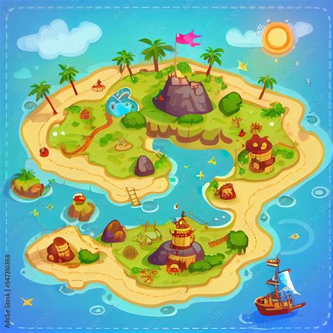 Game Map. Pirate Treasure Maps for children. island. 2d illustrated ...