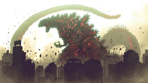 godzilla in front of cityscape with red and green lights coming from its mouth