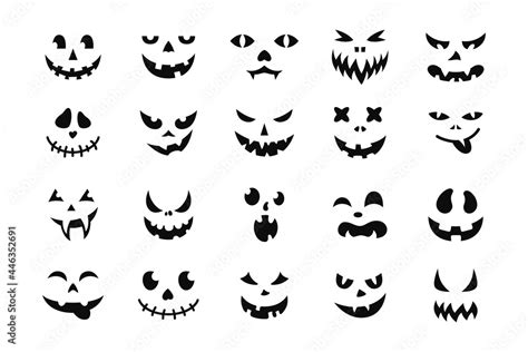 Face Halloween icon set. Black creepy smile, smiling mask, pumpkin grin ...